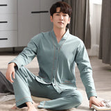 Triogift  Men Pajamas Suit Long sleeved Pure Cotton Simple Casual Cardigan V-neck Homewear Set All Plus Size Breathable Autumn Sleepwear