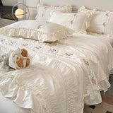 Triogift 4Pcs Korean Princess Style Lace Ruffles Seersucker Quilted Summer Quilt Thin Comforter Set Skin-Friendly Air Conditioning Quilt