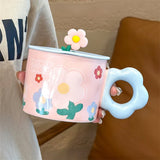 Triogift  -  Ceramic Mug with Lid Handle, Cartoon Flower, Office, Home, Water Cup, Simple, Cute Couple, Breakfast Milk Coffee Cup Ins Fashion