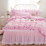 Triogift  Princess Girl Pink Bedding Skirt Sheet With Lace Korean Solid Color Bed Cover Pillowcase Decor Bedroom Wedding Couple Bedclothes