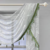 Triogift  White Lace Sheer Flower Valance Luxury Green Beaded Wavy Waterfall Swag Curtain for Living Room Rod Pocket Top Window Drape #E