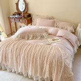 Triogift  Korean Style Pink Lace Bedspread Bedding Set King Queen Luxury Princess Duvet Cover Bed Skirts Bedcloth Soft Cotton Home Textile