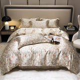 Triogift  Floral Mulberry Silk Bedding Set with Duvet Cover Bed Sheet Luxury High-end Quilt Cover Fitted/Flat Bedsheet Double Queen Size