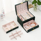 Triogift 1pcs Multi Functional Three Layer Leather Drawer Style Jewelry Box Earrings Earrings Lock Jewelry Box