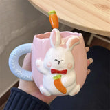 Triogift  -  Korean Style Cute Rabbit Ceramic Mug Cartoon Hand-painted Embossed Coffee Cup Household Milk Cup with Handle Spoon suit