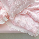 Triogift 1/3Pc Pink Korean Style Princess Lace Ruffles Soft Seersucker Summer Quilt Single Double Queen Quilted Summer Comforter Blanket