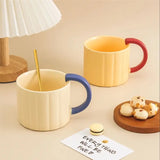 Triogift  -  Korean Style Ins Macaron Color Mug Simple Niche Design Vertical Pattern Ceramic Cup with Handle Coffee Cup Spoon suit