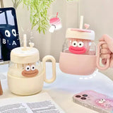 Triogift  -  600ml Kawaii Glass Cup With Lid And Straw For Ice Hot Coffee Water Tea Juice Glass Mug Bottle Aesthetic Large Drink Bottle Gift