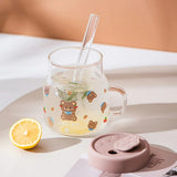 Triogift  -  1pc 500ml Cartoon Bear Glass Cup With Lid And Straw High Borosilicate Water Mug With Handle Iced Coffee Cups Drinking Glasses