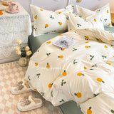 Triogift Ins Style Duvet Cover Set with Flat Sheet Pillowcases Cute Orange Cherry Crow Printed Single Double Queen Size Girls Bedding Kit