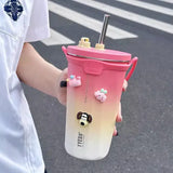 Triogift  -  Kawaii Sainless Steel Tumbler For Coffee Car Mug Freeze Thermos Vacuum Flask Water Bottle With Straw Keep Cold Hot Cup 600ml