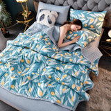 Triogift Summer Washed Cotton Quilt Air-conditioning Comforter Soft Breathable Blanket Thin Leaf Print Bedspread Bed Cover Home Textiles