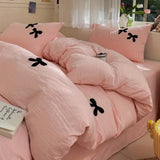 Triogift Princess Bowknot Bedding Set Pink Duvet Cover Bed Flat Sheet Girls Solid Color Bed Linens Washed Cotton Bedclothes Single Double