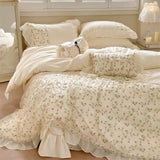 Triogift Elegant French Style Floral Lace Ruffles Embroidery Princess Wedding 100% Cotton Bedding Set Duvet Cover Bed Sheet Pillowcases