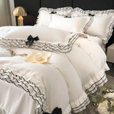 Triogift Chic Multi Layer Ruffle 3/4/6Pcs White Duvet Cover Set Soft Microfiber Girls Bedding with Cute Bow-Knots Bed Sheet Pillowcases