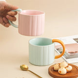 Triogift  -  Korean Style Ins Macaron Color Mug Simple Niche Design Vertical Pattern Ceramic Cup with Handle Coffee Cup Spoon suit