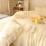 Triogift Chic Ruffle Lace Edge Sweet Princess Style Nature Soft Skin Friendly 4pcs Bedding set Bed Sheet Pillowcases Twin Queen King