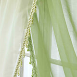 Triogift  Green Staggered Light Yellow Sheer Curtain for Living Room With Side Lace Beads Voile Drape Kitchen Door Window