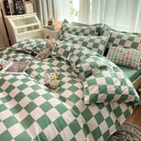 Triogift  King Size Bedding Set with Quilt Cover Flat Sheet Pillowcase Kids Girls Boys Checkerboard Pinted Single Double Bed Linen