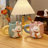 Triogift  -  Korean Style Cute Rabbit Ceramic Mug Cartoon Hand-painted Embossed Coffee Cup Household Milk Cup with Handle Spoon suit