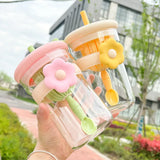 Triogift  -  Kawaii Flower Glass Cup Aesthetic With Lid Straw Infuser Glass Bottle Tumbler For Water Tea Juice Vintage Drinking Bottle 600ml