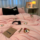 Triogift Ins Solid Pink Tulip Bedding Set Embroidery Duvet Cover Soft Queen Full Twin Size Bed Flat Sheet Quilt Cover Pillowcase Kawaii