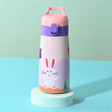 Triogift  -  Kids Stainless Steel Straw Thermos Mug With Case Cartoon Leak-Proof Vacuum Flask Children Thermal Water Bottle Thermocup