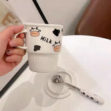 Triogift  -  Korean-style Striped Ins Simple Cute Mug Cartoon Cow Household Heat-resistant Ceramic Cup with Lid and Spoon for Breakfast