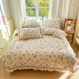 Triogift Floral Print Pure Cotton Home Bedding Set Lace Edge Duvet Cover Set With Flat Sheet Vintage Rose Comforter Covers Pillowcases