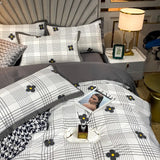 Triogift Euro Gray Grid Flower Bedding Set Pure Cotton Geometric Stripes Floral Duvet Cover Bed Linen Calico Comforter Queen King Bed Set