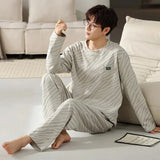 Triogift  Fashion Design Pajamas Suit Men Spring Autumn Cotton Long Sleeve Male Sleepwear Set Winter Outdoor Nightcloth Breathable Warm