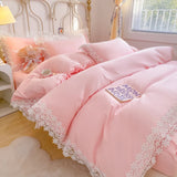 Triogift  Solid Color Bedding Set with Lace Edge Princess Style Pink Bed Cover Set Queen/King Bed Sheet Sets for Girls Double Bedding Sets