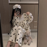 Triogift  Heart Sleepwear Women Pajama Sets Korean Sleeping Pants Set 2 Pieces Piiama Full Sleeve Sping Square Collar Bow Home Night Wears