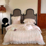 Triogift  Pink Romantic Lace Ruffles Bow French Princess Wedding Bedding Set 1000TC Egyptian Cotton Duvet Cover Set Bed Sheet Pillowcases