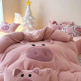 Triogift  Pink Cartoon Pig Towel Embroidery Bedding Set Warm Thick Winter Duvet Cover Linen Fitted Sheet Pillowcases Gifts For Children