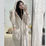 Triogift  Pocket Robe for Women Sleepwear Winter Nightdress Night Wears Warm Fleece Pajama One Piece Nightgown Hooded Sleeping Homewear