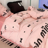 Triogift  Ins Black Bowknot Bedding Set Pink Bed Flat Sheet Duvet Cover Twin Full Queen Princess Style Bed Linen Girls Floral Quilt Cover