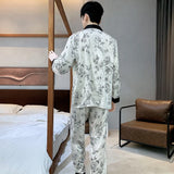 Triogift  High Quality Satin Printed Pajamas Set Men's Nightwear Ice Silk Long Sleeve Loose Thin Teen Home Clothing Wear Suit Male Pyjama