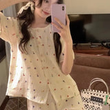 Triogift Flroal Sleepwear Women Pajama Sets Summer Piiama Korean Sets for Women 2 Pieces Home Suit Button Night Wears Cute Pyjamas New