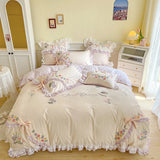 Triogift  100% Cotton Korean Princess White Bedding Sets Ruffle Bedspread Flower Embroidery Duvet Cover Bed Skirt Pillowcases Home Textile