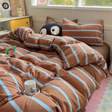 Triogift Brown Stripe Bedding Comforter Set Pillowcase bed sheet Single Full Size Bed Linen Duvet Cover Set Queen/King Double Single Bed