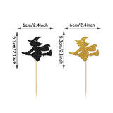 Triogift 12Pcs Halloween Collection Of Gold And Black Witches Riding On Broomsticks Cupcake Topper Birthday Cake Decor Halloween Supplies