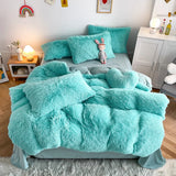 Triogift 3Pcs Fluffy Black Plush Shaggy Duvet Cover +2Pcs Pillowcases Zipper Bedding set Soft Velvet