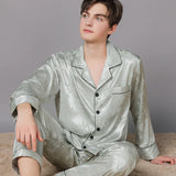 Triogift  Men Ice Silk Pajamas Suit Summer Plus Size Satin Thin Plaid Pyjamas Male Home Clothes Fashion Print High Quality Sleepwear Boy