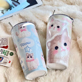 Triogift  -  Kawaii Cat Thermos Cups Tumbler For Hot Cold Coffee Tea Cute 550ml Sainless Steel With Straw Insulated Thermal Cup Water Bottle