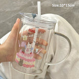 Triogift  -  1000ml Cute Glass Cups Aesthetic With Lid And Straw For Cold Hot Coffee Mug Big Glasses Cup For Drinks Water Tea Milk Juice Beer