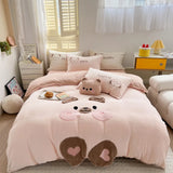 Triogift  Cute Cartoon Bear Soft Comfortable Velvet Fleece Towel Embroidery Bedding Set Duvet Cover Linen Fitted Sheet Pillowcases