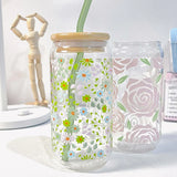 Triogift  -  Cute Flower Glass Cups Tumber With Bamboo Lid And Straw 500ml Can Shaped Glass Cups Iced Hot Coffee Tea Juice Glasses Gift