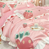 Triogift High-value Cute Princess Wind Four-piece Set Cotton 100 Cotton Strawberry Embroidery Small Fresh Bed Linen Bedding