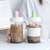 Triogift Kawaii Cat Bubble Tea Glass Water Bottle With Straw PU Sleeve Cute Boba Coffee Milk Cups Portable Girl Drinking Bottle